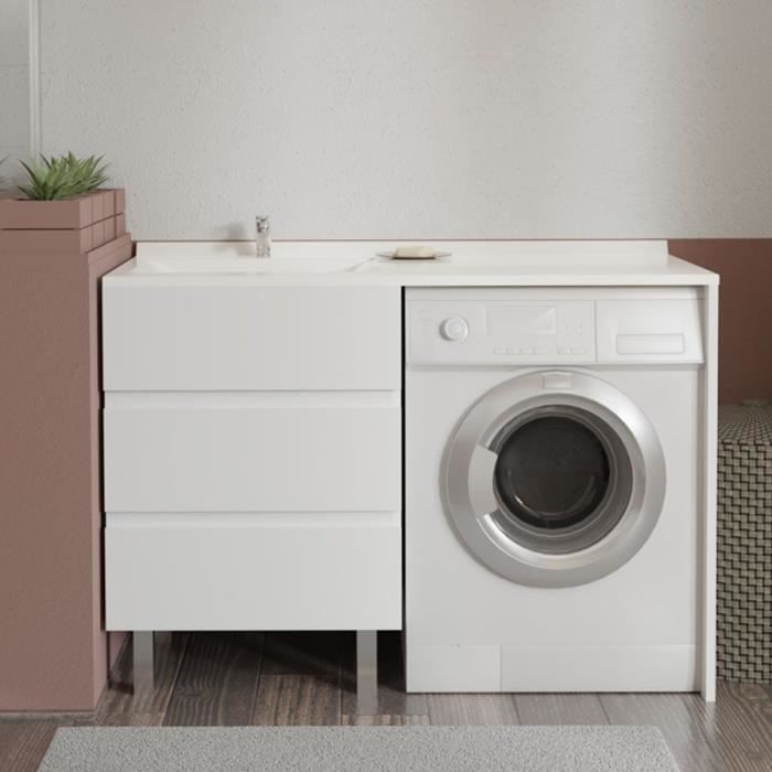 Caisson KORA LL 124 cm vasque déportée à gauche - Blanc brillant (sans miroir)
