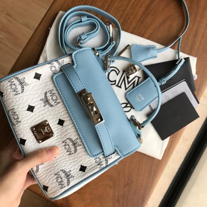 2020 MCM automne et hiver nouveau motif de mode impression couleur couture sac à main messenger une épaule Blanc et Bleu