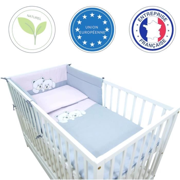 Callyna®- Set 3 pcs linge lit bébé: tour de lit, housse de couette, taie. Pur coton, fabriqué en UE. 2 Oursons Rose Gris