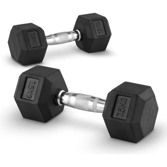 CAPITAL SPORTS Hexbell - Paire d'haltères courts pour musculation, cross-training (caoutchouc résistant , prise chromée) - 2 x 7kg