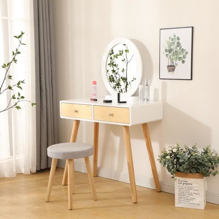 Coiffeuse avec Miroir Rond - Table de Maquillage avec 2 Tiroirs, Miroir et Tabouret - 80 x 40 x 128 cm Blanc Beige