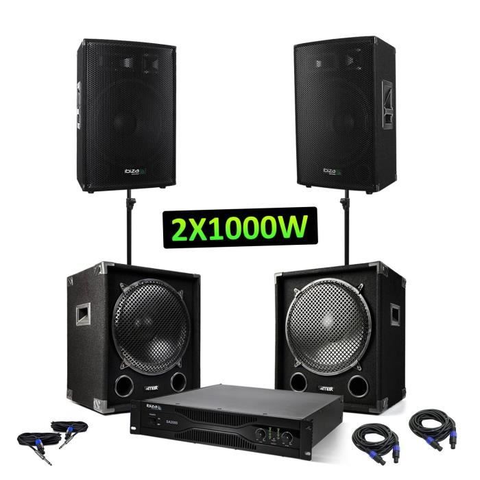 Pack sono - 2 caissons 2x1200W + 2 enceintes 2x600W + Amplificateur sono 2x1000W