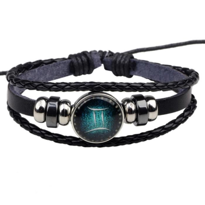 Creative 12 Constellation Bracelet en cuir tissé à la main en perles en chaîne punk (Bélier) BRACELET - GOURMETTE - JONC