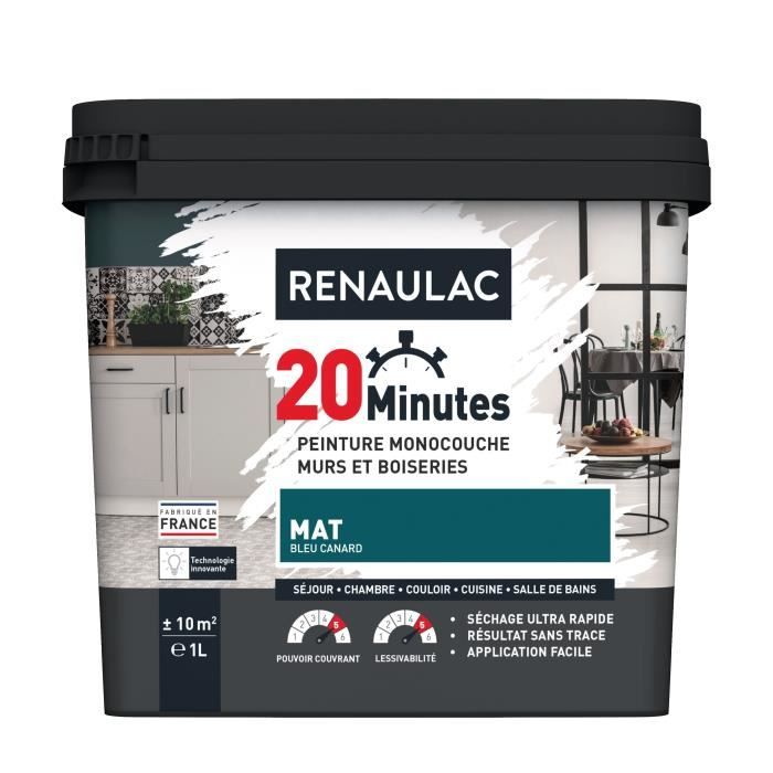 RENAULAC Peinture intérieur monocouche 20 Minutes murs et boiseries - 1L - 10 m² - Bleu canard Mat