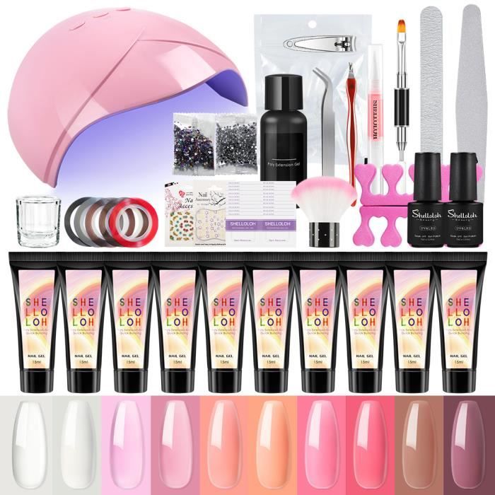 Shelloloh 36W UV/LED Lampe Kit 10pc Poly UV Gel Vernis Extension Gel Base Coat Top Coat Manucure Cleanser Plus Dissvolant Ouitls