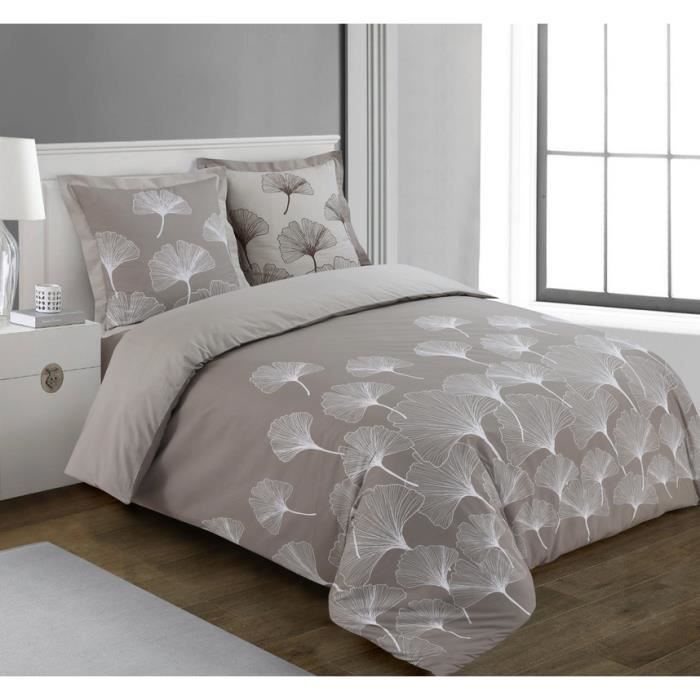 VISION - Parure de lit réversible GINKO - 100% coton - 1 housse de couette 240x220 cm + 2 taies d'oreiller 65x65cm - Beige