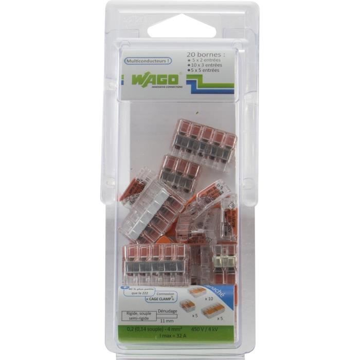 WAGO Pack de 20 Bornes de connexion universelle tous conducteurs - Type 221/2-3-5 entrées