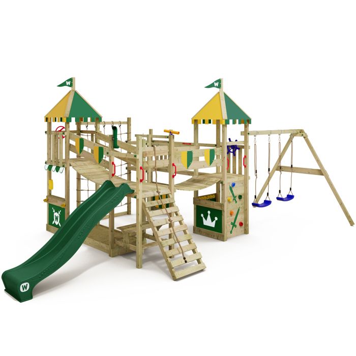 WICKEY Aire de jeux Portique bois Smart Queen avec balançoire et toboggan vert Maison enfant extérieure avec bac à sable