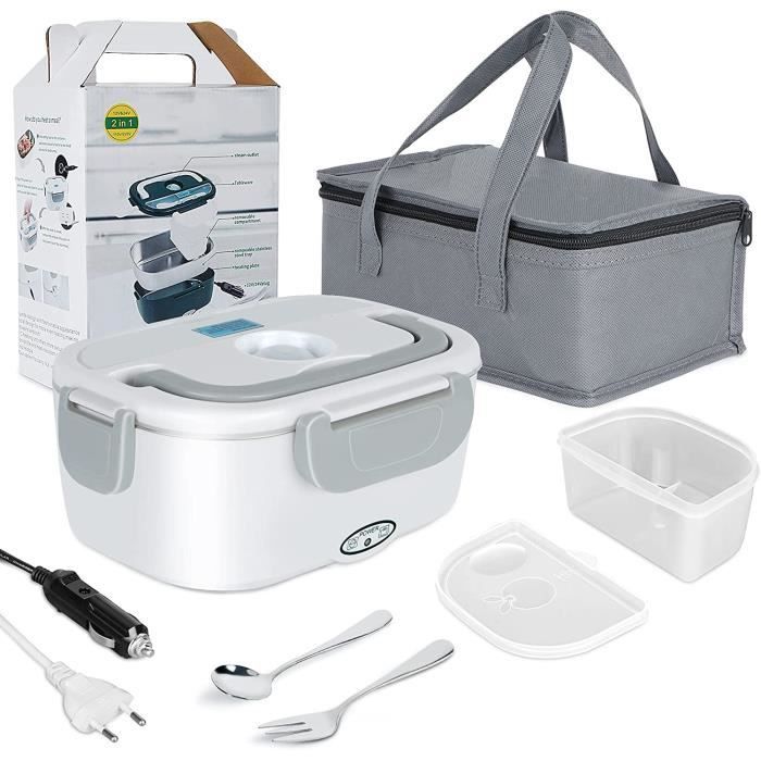 Boîte Chauffante Repas Lunch Box Électrique 3 en 1,avec Sac Isotherme Repas et Couverts en Acier Inoxydable 1.05L 40W
