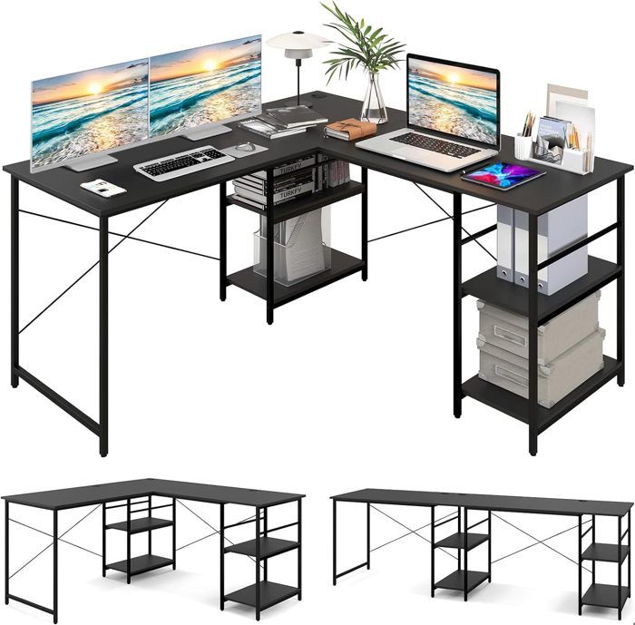 giantex bureau informatique d'angle réversible en forme l - 151x 151cm-table d'ordinateur- 4 étagères rangement+support pc-noir