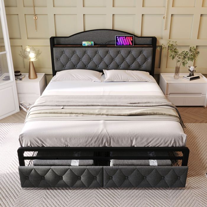 lit adulte 160x200 cm avec 2 tiroirs, tête de lit avec chargement usb type c, cadre de lit en fer à lattes, lin, gris