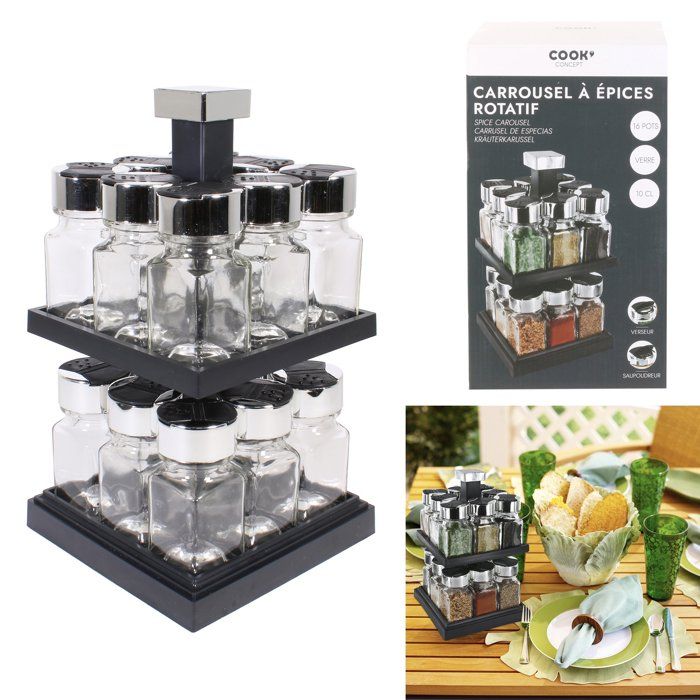 Support à épices Aimanté - 6 Pots En Verre Avec Saupoudreur - Pour Frigo Ou Mur - Inox 15,5x17,5x18,5 Cm - 12