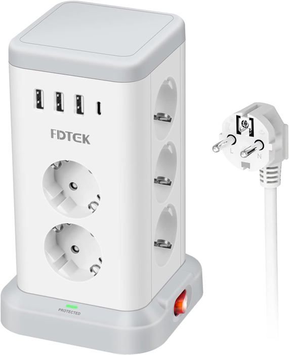FDTEK Cube Multiprise Avec écran LED – 4 Prises (4000W) + 3 USB (dont USB-C) – Surveillance Conso électrique – Interrupteur – 11,3 Cm