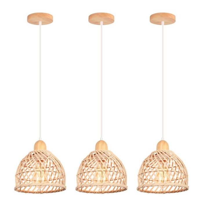 WOTTES Suspension Luminaire Moderne Créatif Lustre en Bois et Bambou de Design à Spirale Vintage Lampe Suspension Rotin - 3pcs