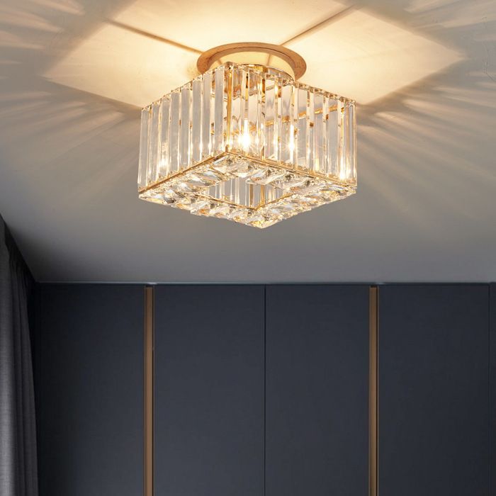 SNOGOLD Plafonnier en Cristal Moderne E27 Plafonnier en Métal Doré Abat-jour Carré en Cristal Ø23CM Luminaire pour Couloir Entrée