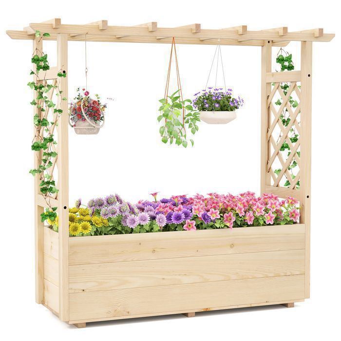 COSTWAY Jardinière Surélevé en Pin avec Treillis pour Plantes Grimpantes Fleurs Herbes Légumes Toit Suspendu 115 x 40 x 103 cm