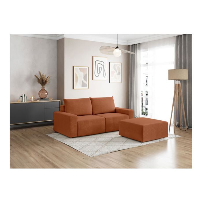 PACK - Canapé droit fixe 2 places ROMANE avec pouf en velours côtelé - Terracotta