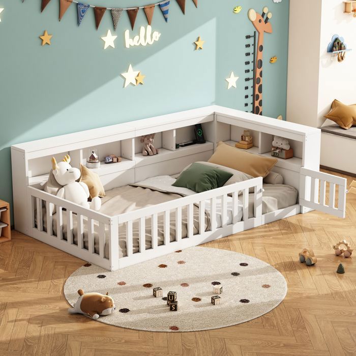 Merax Lit Montessori d’Angle - 90x200 cm - en Bois Blanc - avec Rangements - Barrière Amovible et Prise USB - Lit Évolutif Enfant