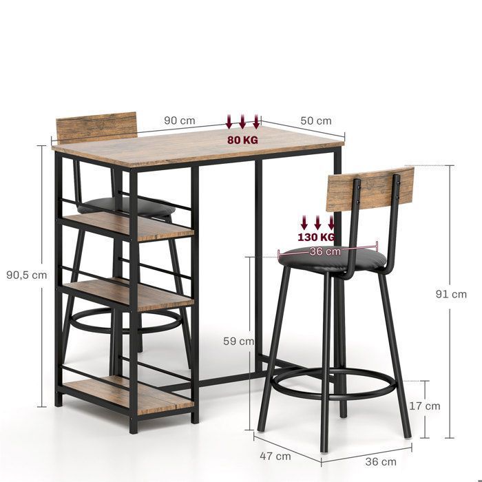 Table de bar avec tabouret de bar ensemble de 3 tables de bar avec table de cuisine 3 étagères 2 chaises de bar de style moder