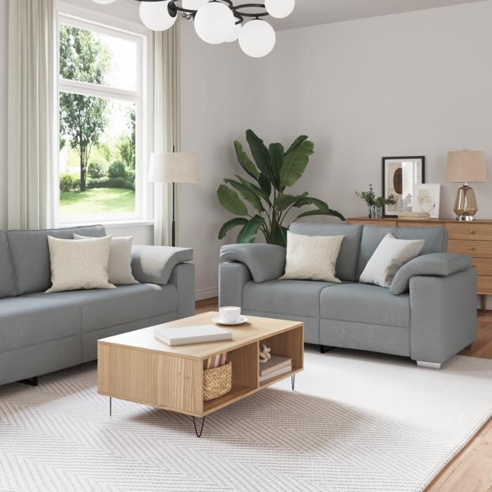 Canapé 2 pièces avec coussins en tissu gris clair