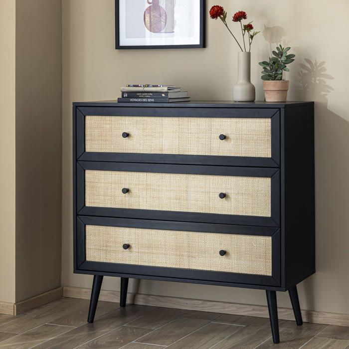 Commode cannage avec 3 tiroirs noir ANNA - Noir - Terre de Nuit