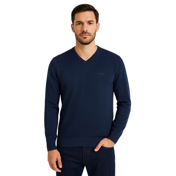 Gianfranco Ferre Pull Col V Homme 100% coton Col V Bleu Marine