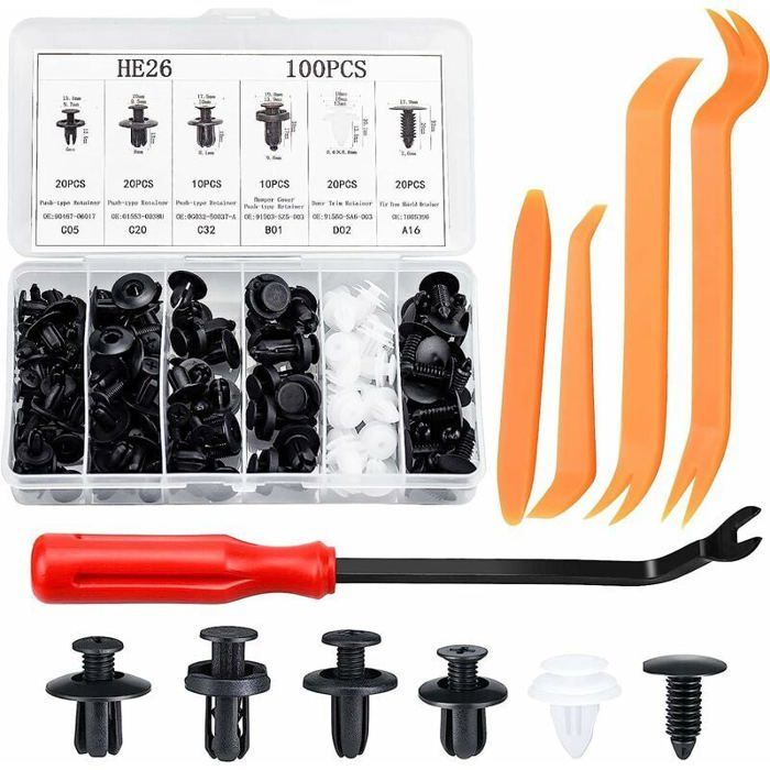 Lot De 100 Rivets En Plastique Pour Voiture - Clips Nylon Universels Noir - Avec Outil De Démontage