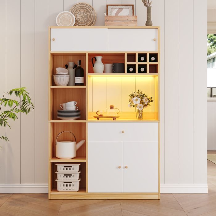 Buffet Haut de Cuisine avec LED Meuble de Rangement 1 Tiroir 3 Portes et Étagères Style Scandinave Blanc Bois 115×35×180 cm Buffet Haut de Cuisine avec LED Meuble de Rangement 1 Tiroir 3 Portes et Étagères Style Scandinave Blanc Bois 115×35×180 cm