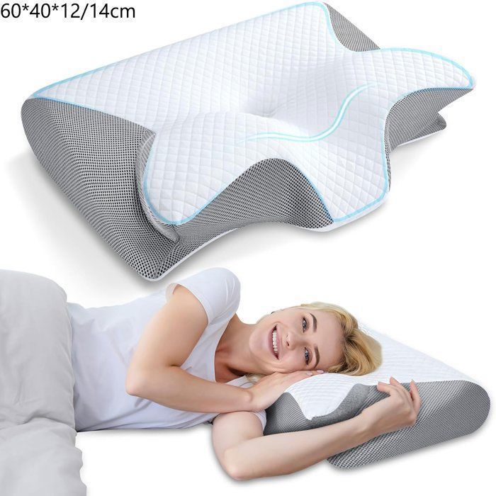 Oreillers à Mémoire de Forme Ergonomique Cervical pour Dormir sur Le Côté et sur Le Dos 60x40x12/14cm Gris