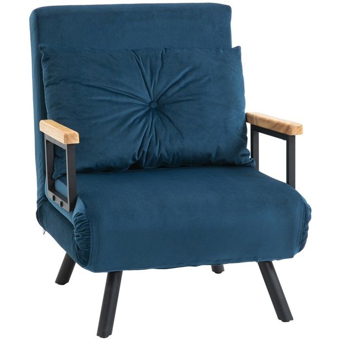 Canapé Convertible Lit Appoint Inclinable Dossier Réglable 63x73x81 cm Velours Bleu Coussin Accueil Moderne