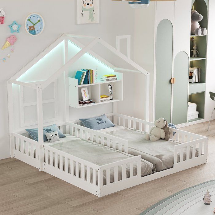 Lit Enfant Double en Bois avec LED - Lit Cabane 2 Places 90x200 cm 2 Sommiers Inclus Rangement et Garde-Corps de Sécurité Blanc