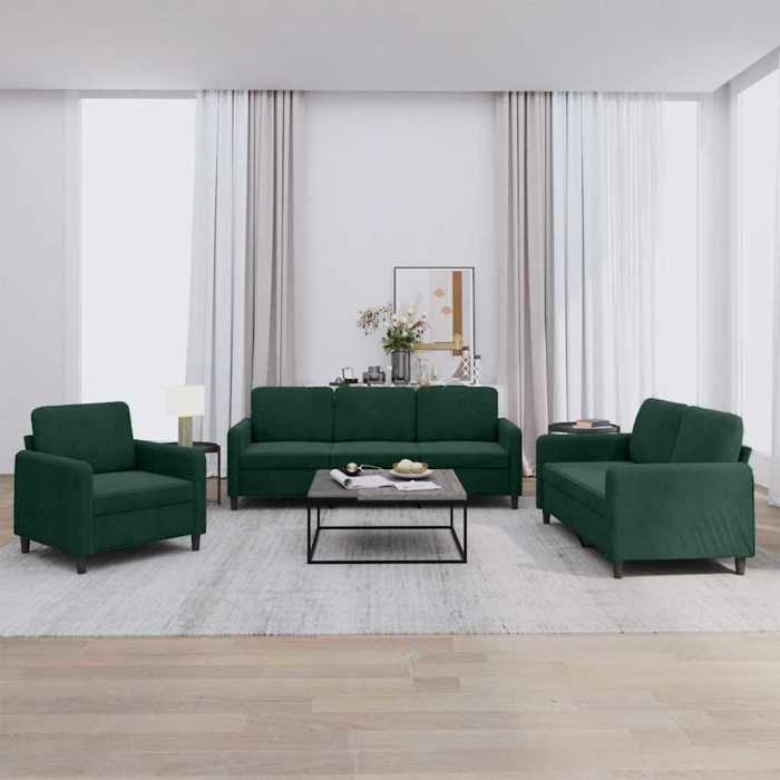 Ensemble de canapés en velours - vidaXL - Vert foncé - 3 pièces - Fauteuil - Canapé 2 places - Canapé 3 places