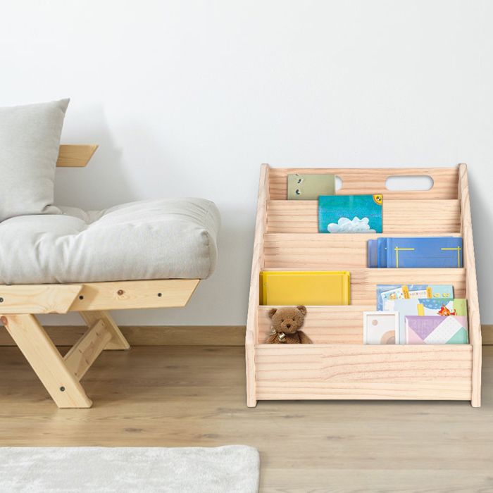 Bibliothèque enfant PIPIPOXER Étagère de Rangement en Bois Massif Avec 4 Niveaux 41 9x30 4x41 9 cm Bois naturel