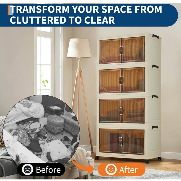 Armoire de rangement pliable - LUNSY - 4 niveaux - 57 cm de large - Empilable - Double porte - Montage sans outil