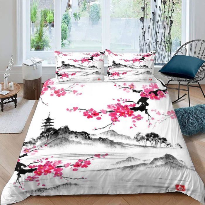 Parure de lit 140x200cm Motif fleurs de cerisier japonais Impression 3DHousse de couette En microfibre Avec 2 taies doreiller
