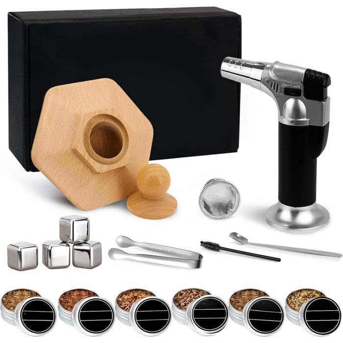 Kit fumoir à cocktail - LEEGOHI - Infuseur de fumée - Torche sans butane - 6 saveurs de copeaux de bois