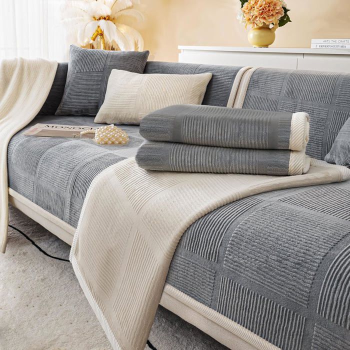Housse de canapé extensible - LEHRING - 1/2/3/4 places - Forme en L - Antidérapante - Ultra extensible - Velours doux