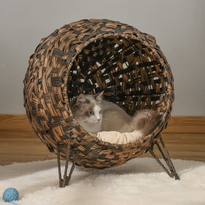 Maison pour chat en rotin avec coussin lit pour chat niche pour chat avec pieds surélevés marron Ø52 x 58 cm