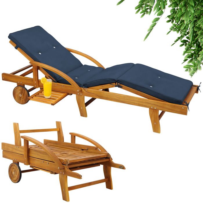 CASARIA® Bain de soleil en bois dacacia avec coussin housse bleu inclus jardin balcon exterieur chaise longue ergonomique