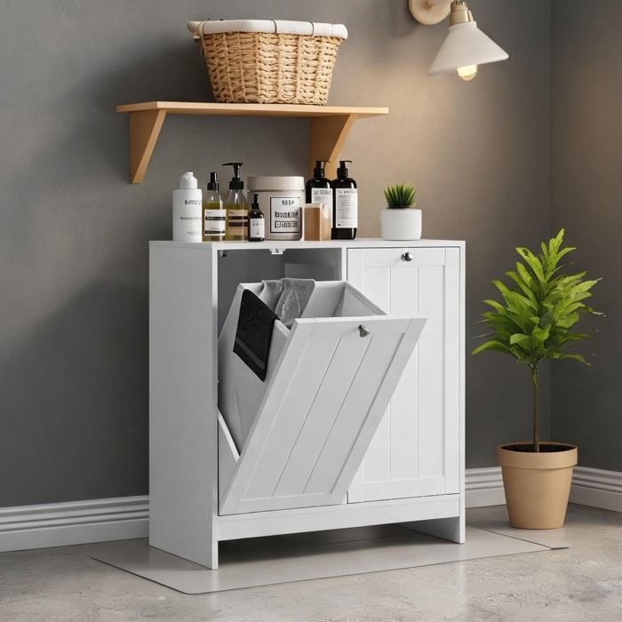Meuble de tri du linge basculant avec 2 paniers amovibles MDF finition blanc salle de bain ou buanderie
