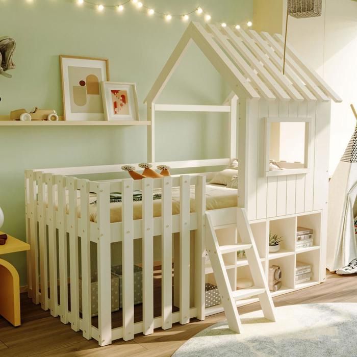 Lit cabane enfant - KOMHTOM - 90x200 cm - Bois massif - Avec toit et fenêtre - Rangement ouvert & tiroirs