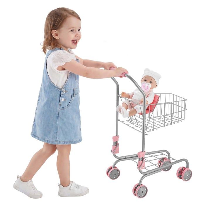 Chariot de Courses pour Enfants-VEVOR-Cadre en Métal Chariot de Supermarché Jouet avec Poupée pour Enfants de 3 ans et plus
