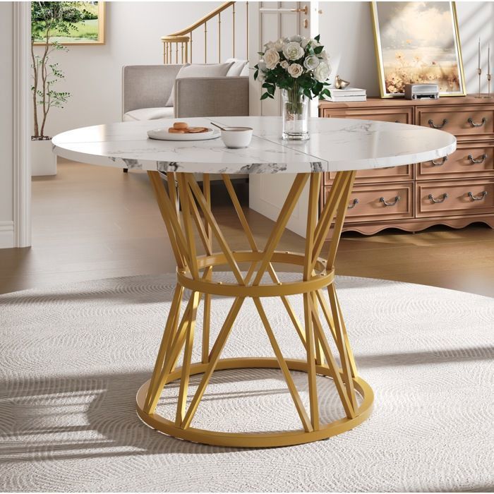 SENVIRO table de salle a manger ronde effet marbre lignes metal 100x100x76cm Gold