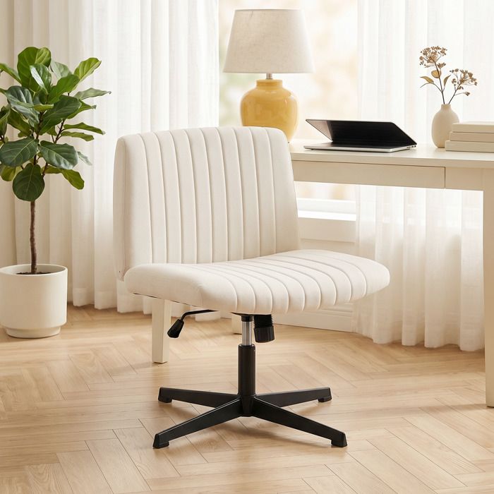 Chaise de bureau réglable en hauteur pivotante effet lin blanc crème assise tailleur charge max. 120 kg