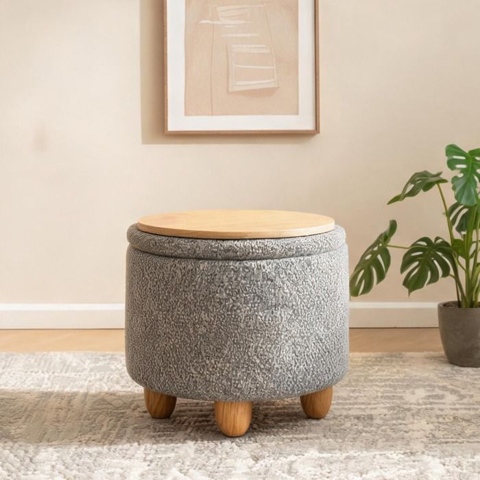 Pouf rond de rangement en lin gris clair avec table dappoint intégrée pour salon et entrée