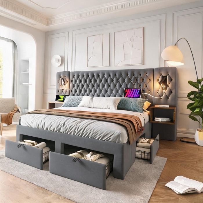 Set chambre complet lit double 180x200 cm en velours soft gray avec chevets et rangements