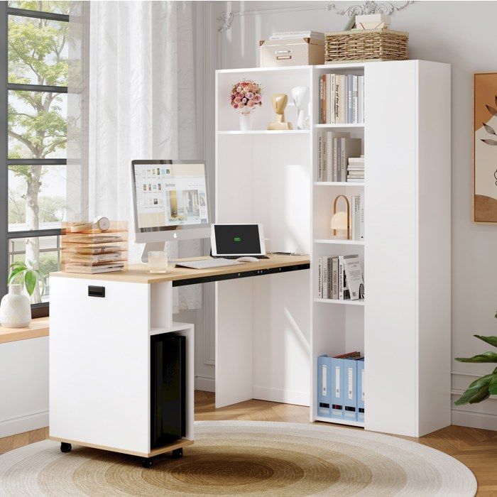WUVRIE Bureau secrétaire pliable 2-en-1 avec bibliothèque prise EU et USB 1045 x 305 x 160 cm blanc décor bois