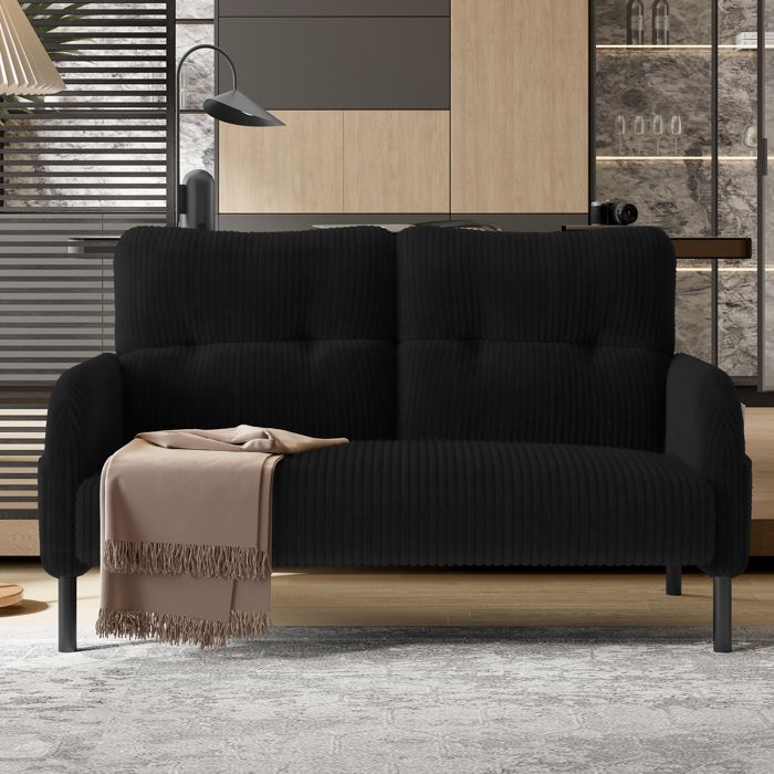 Canapé fixe 2 places en velours côtelé noir 120 x 75 x 79 cm avec dossier haut poche latérale et pieds métal