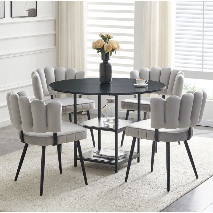 JOINERY table repas ensemble 4 personnes rangement double table ronde 107 cm MDF métal noir 4 chaises tissu gris clair industriel