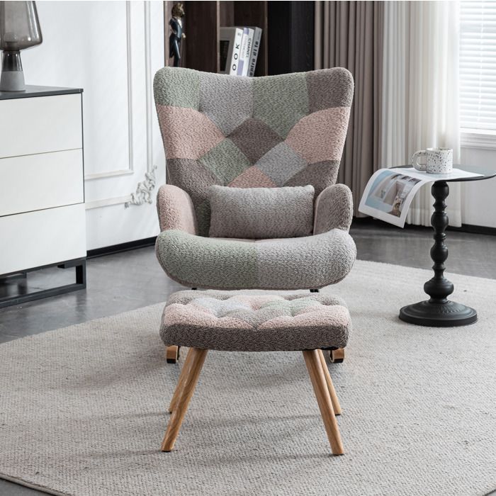 JOINERY fauteuil salon bascule relaxation multicolore avec repose pieds bois d hévéa tissu dossier haut coussin lombaire